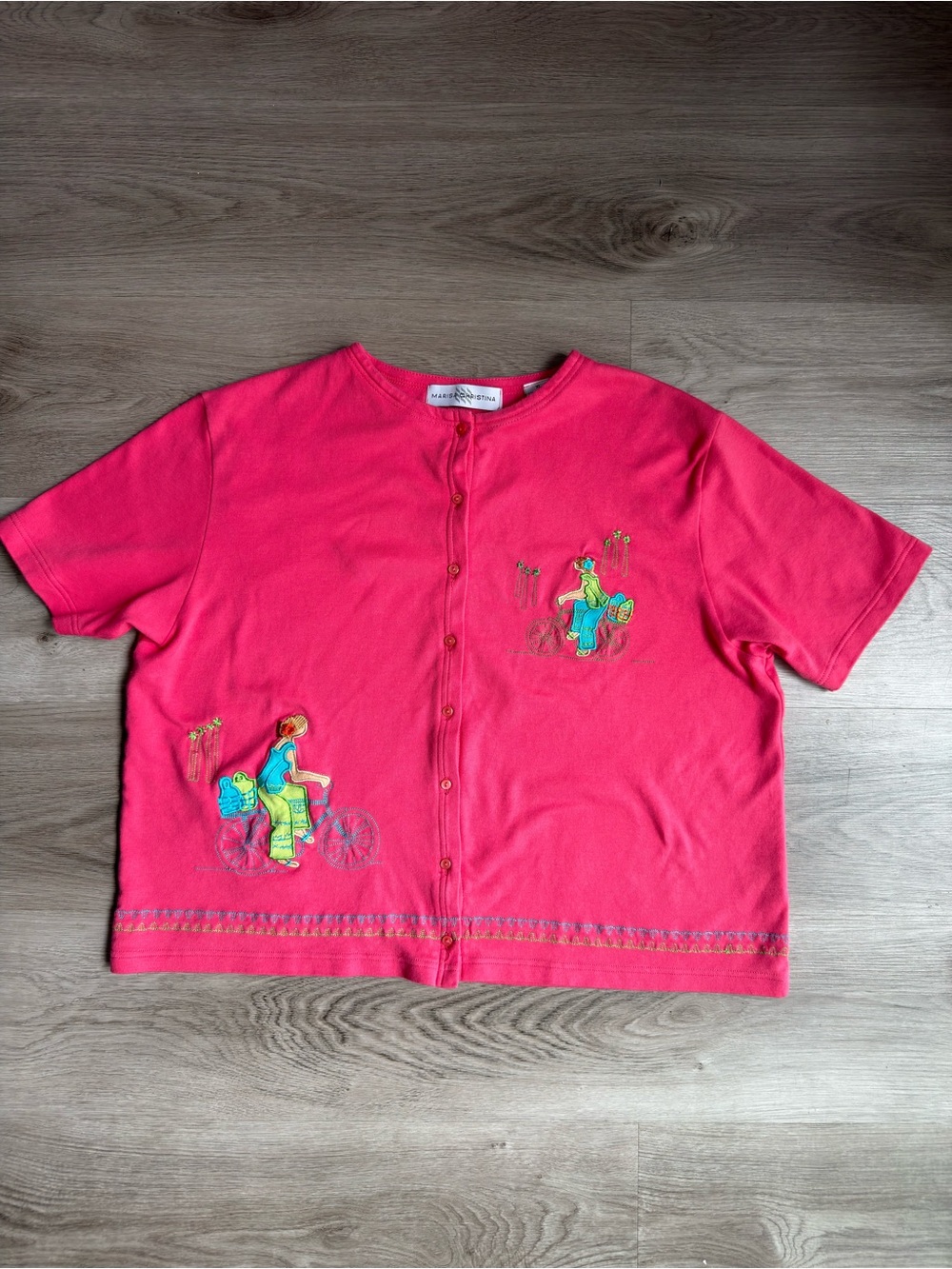 Vtg 90s Marisa Christina Pink Embroidered Bike Short Sleeve Cardigan XL